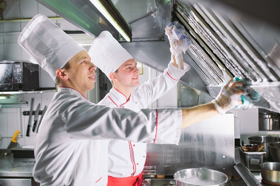 Sanitary day in the restaurant. Repeats wash your workplace. Cooks wash oven, stove and extractor in the Restaurant.