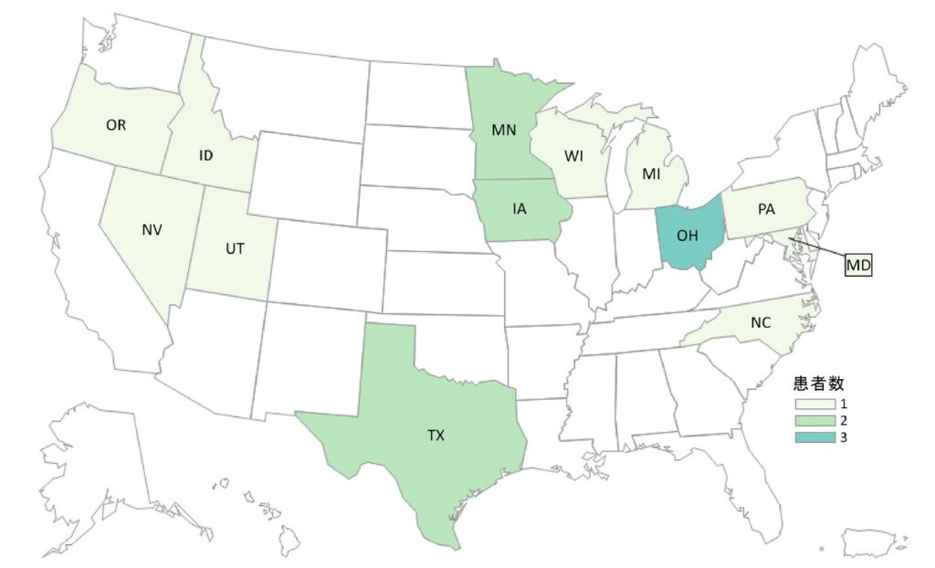 Figure 1. Cases of Listeria monocytogenes infection in outbreak A (n = 18)