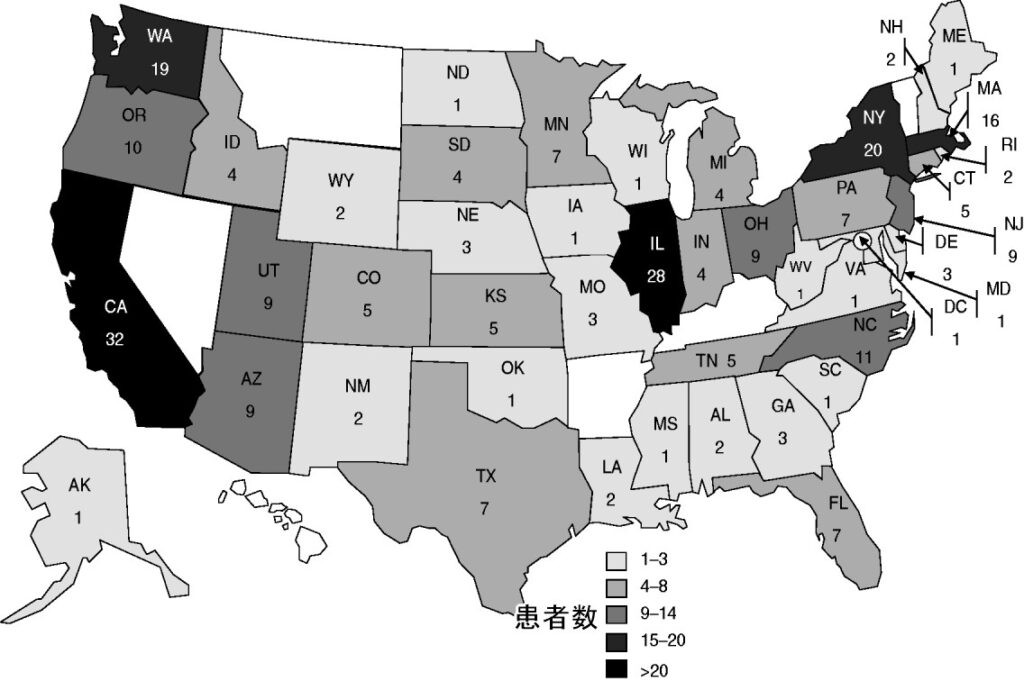 Persons infected with the outbreak strain of Salmonella Montevideo, USA, by state, 1 July 2009 to 14 April 2010 (n=272)
